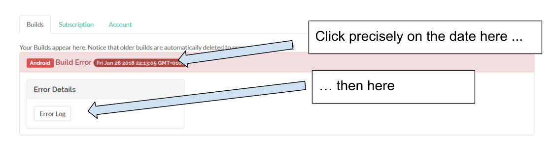 Opening the error message after a failed build