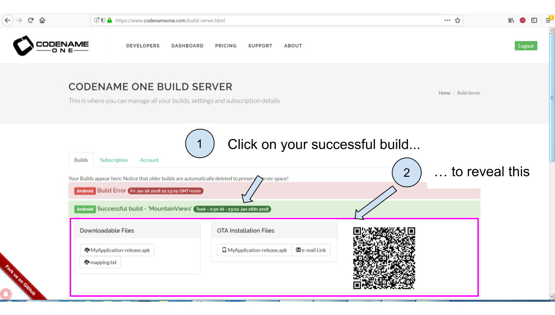 Revealing the QR code and the download options